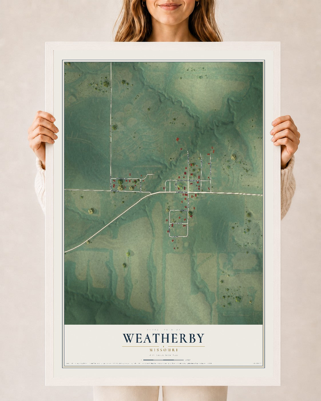 Map of Weatherby, Missouri, 24 x 36 inch print in a white wood frame