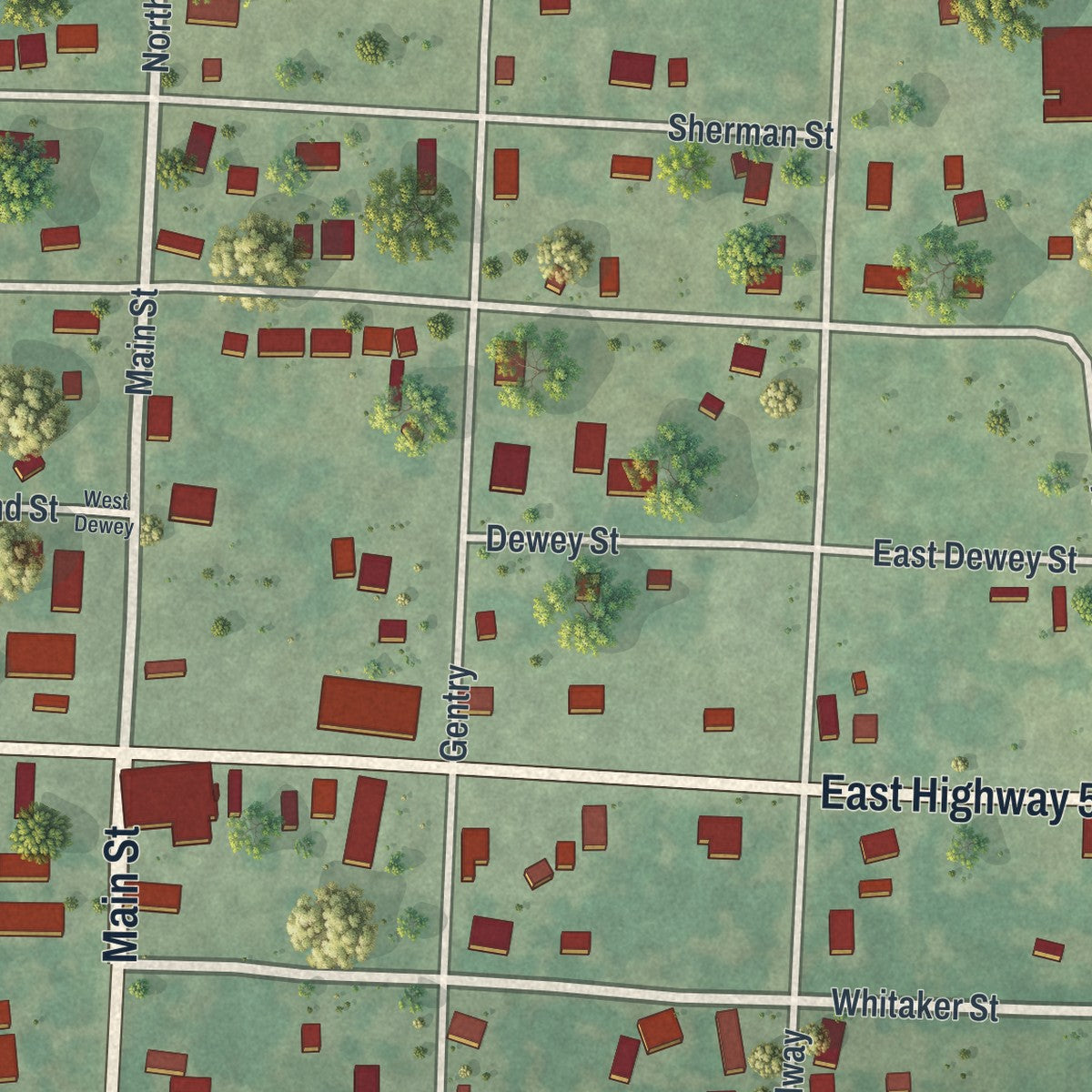 Close-up of the map of Weaubleau, Missouri print showing street and building detail