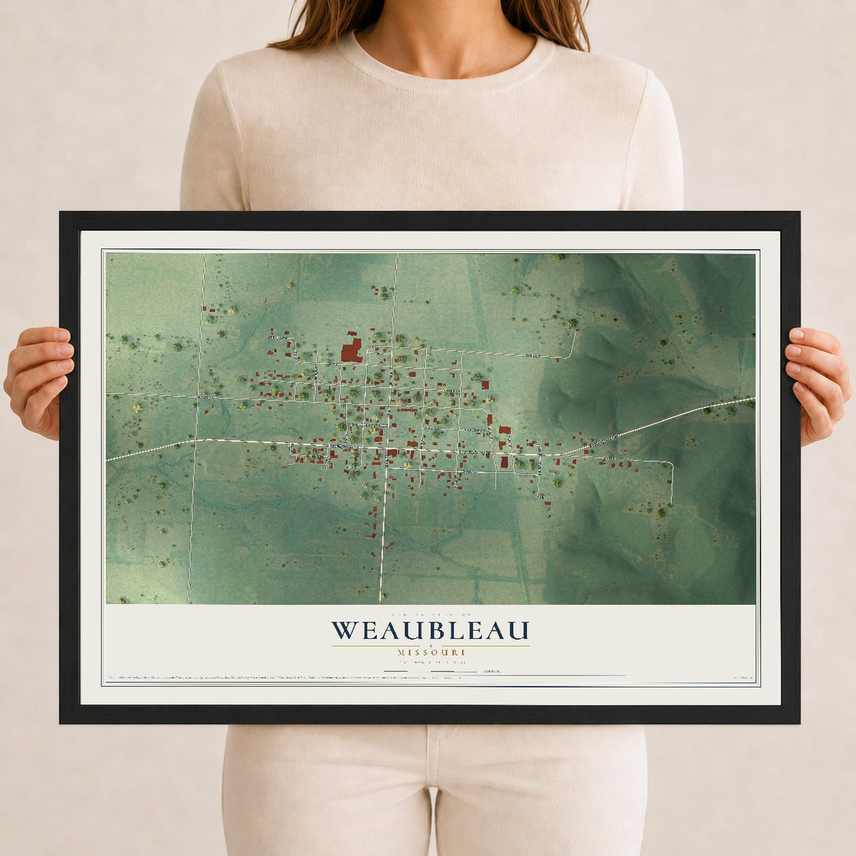 Map of Weaubleau, Missouri, 12 x 18 inch print in a black wood frame