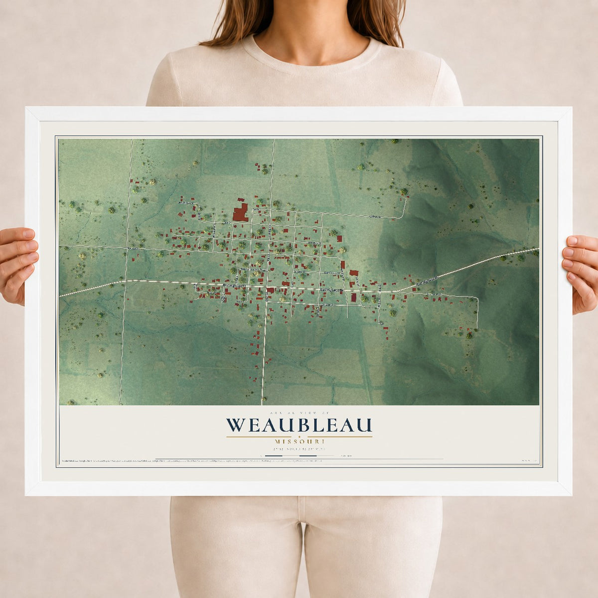 Map of Weaubleau, Missouri, 18 x 24 inch print in a white wood frame