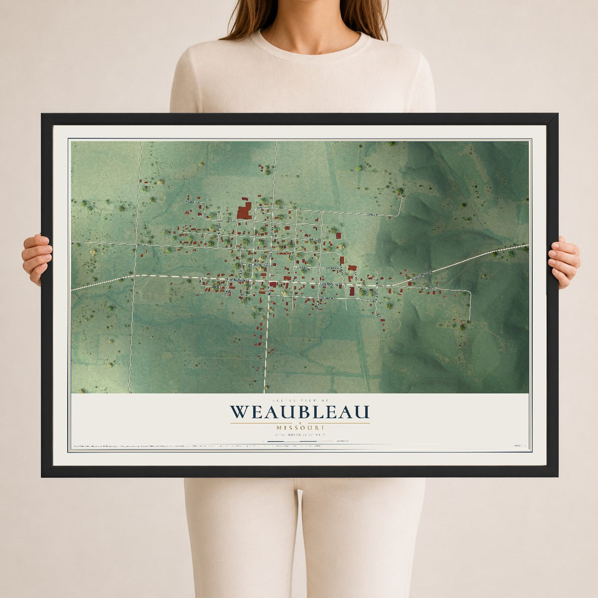 Map of Weaubleau, Missouri, 24 x 36 inch print in a black wood frame