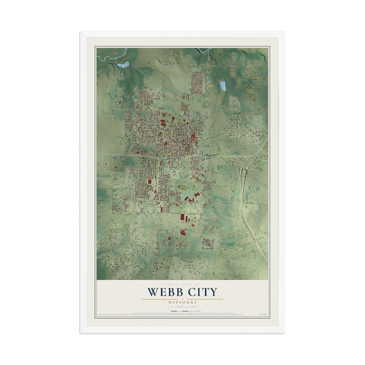 Map of Webb City, Missouri, 12 x 18 inch print in a white wood frame