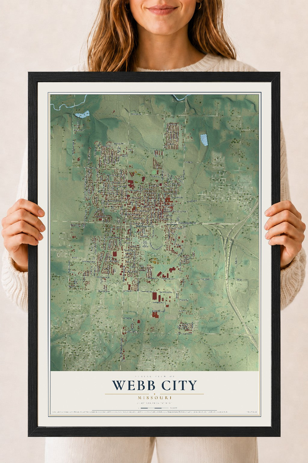 Map of Webb City, Missouri, 18 x 24 inch print in a black wood frame