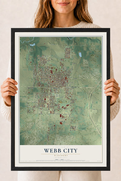 Map of Webb City, Missouri, 18 x 24 inch print in a black wood frame