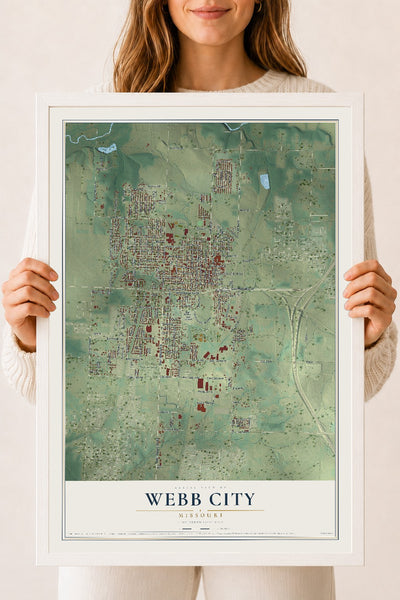 Map of Webb City, Missouri, 18 x 24 inch print in a white wood frame