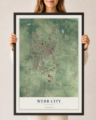 Map of Webb City, Missouri, 24 x 36 inch print in a black wood frame