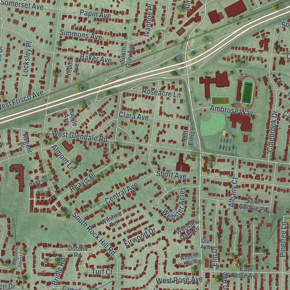 Close-up of the map of Webster Groves, Missouri print showing street and building detail