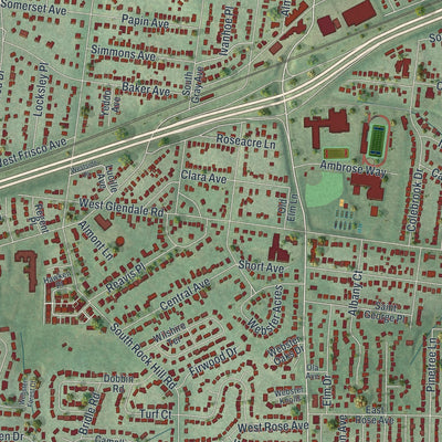 Close-up of the map of Webster Groves, Missouri print showing street and building detail