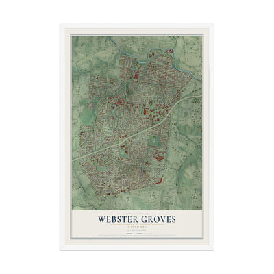 Map of Webster Groves, Missouri, 12 x 18 inch print in a white wood frame
