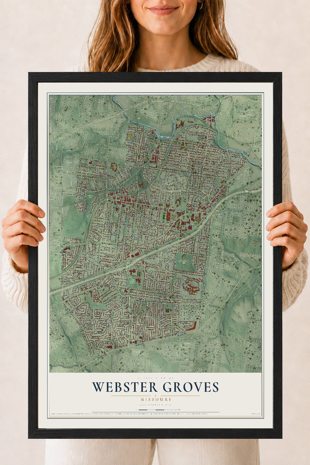 Map of Webster Groves, Missouri, 18 x 24 inch print in a black wood frame