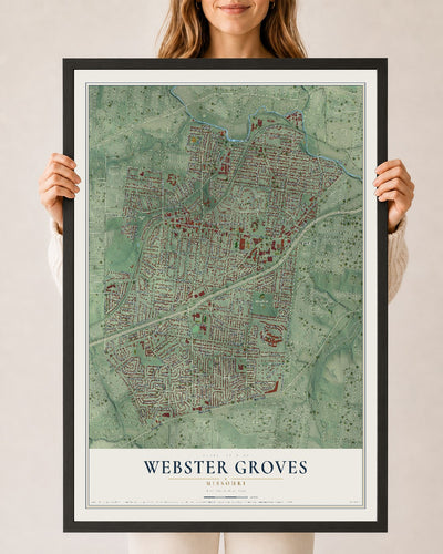 Map of Webster Groves, Missouri, 24 x 36 inch print in a black wood frame