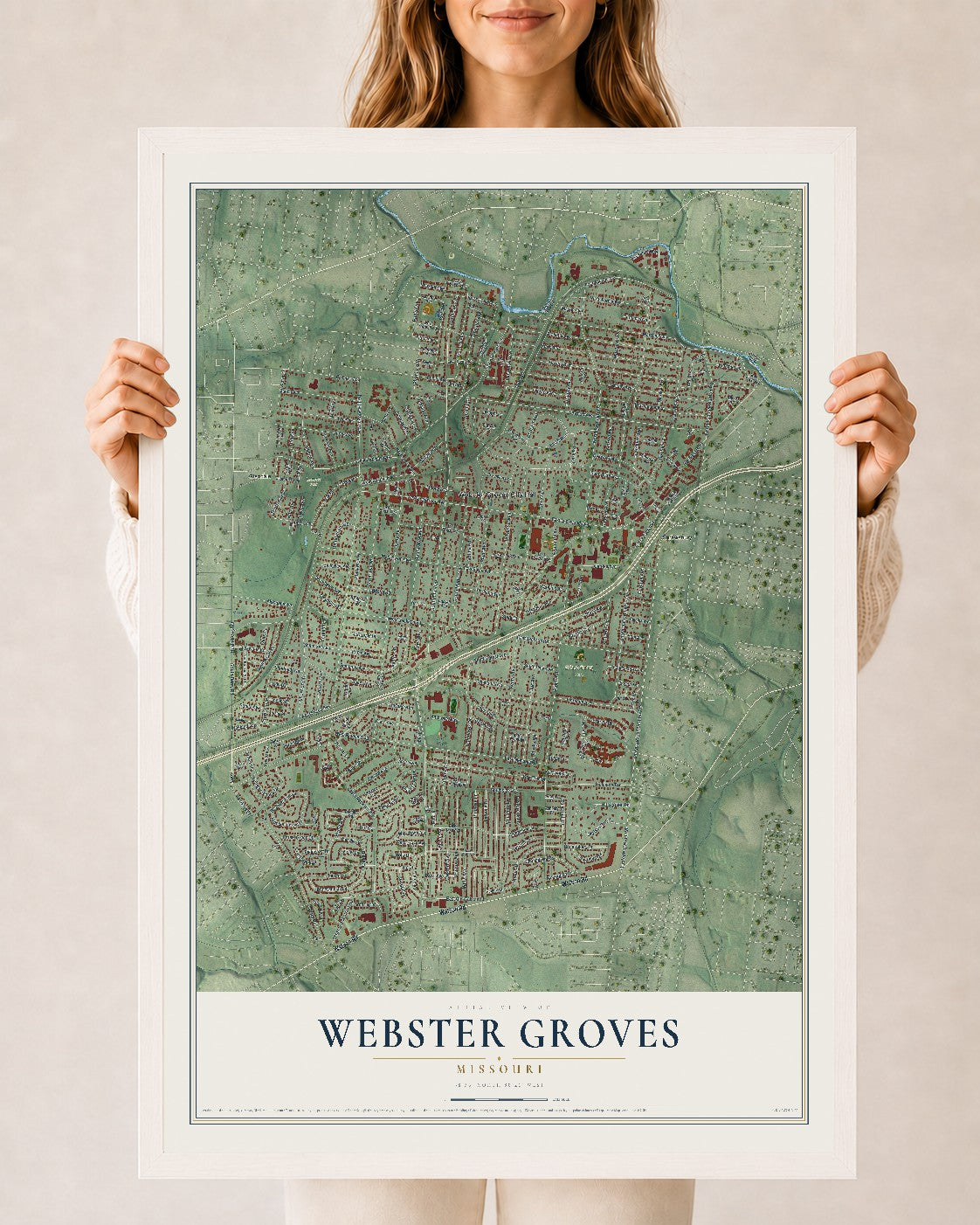 Map of Webster Groves, Missouri, 24 x 36 inch print in a white wood frame