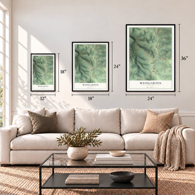 Weingarten, Missouri map in 12 x 18, 18 x 24 and 24 x 36 inch sizes above a sofa