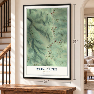 Weingarten, Missouri map, 24 x 36 inch print in a black frame by a staircase