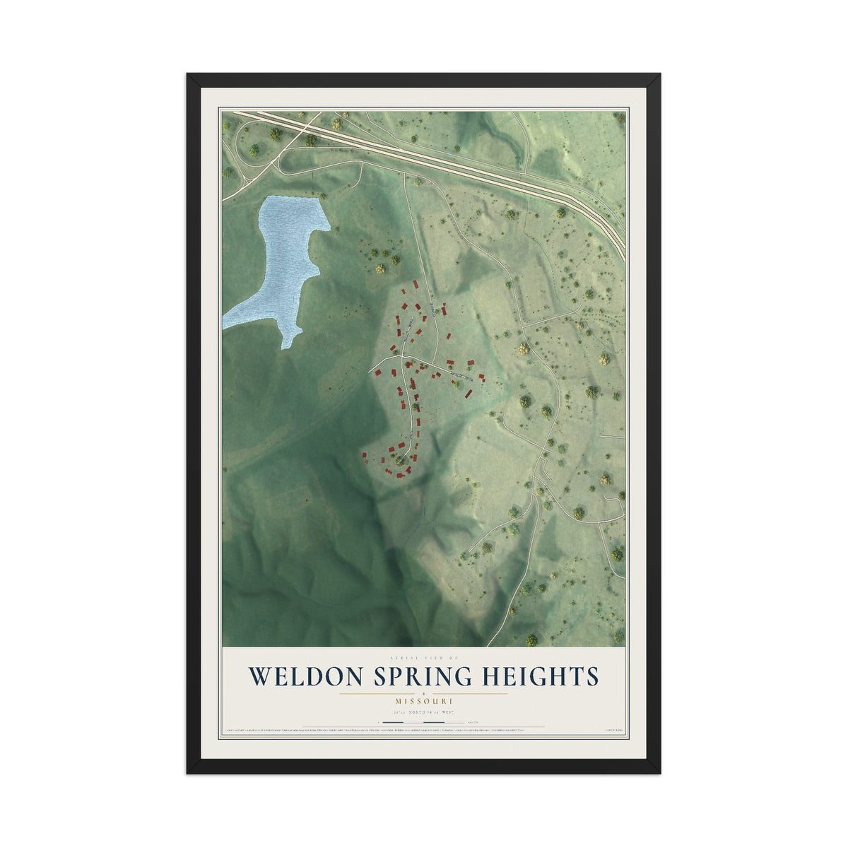 Map of Weldon Spring Heights, Missouri, 12 x 18 inch print in a black wood frame