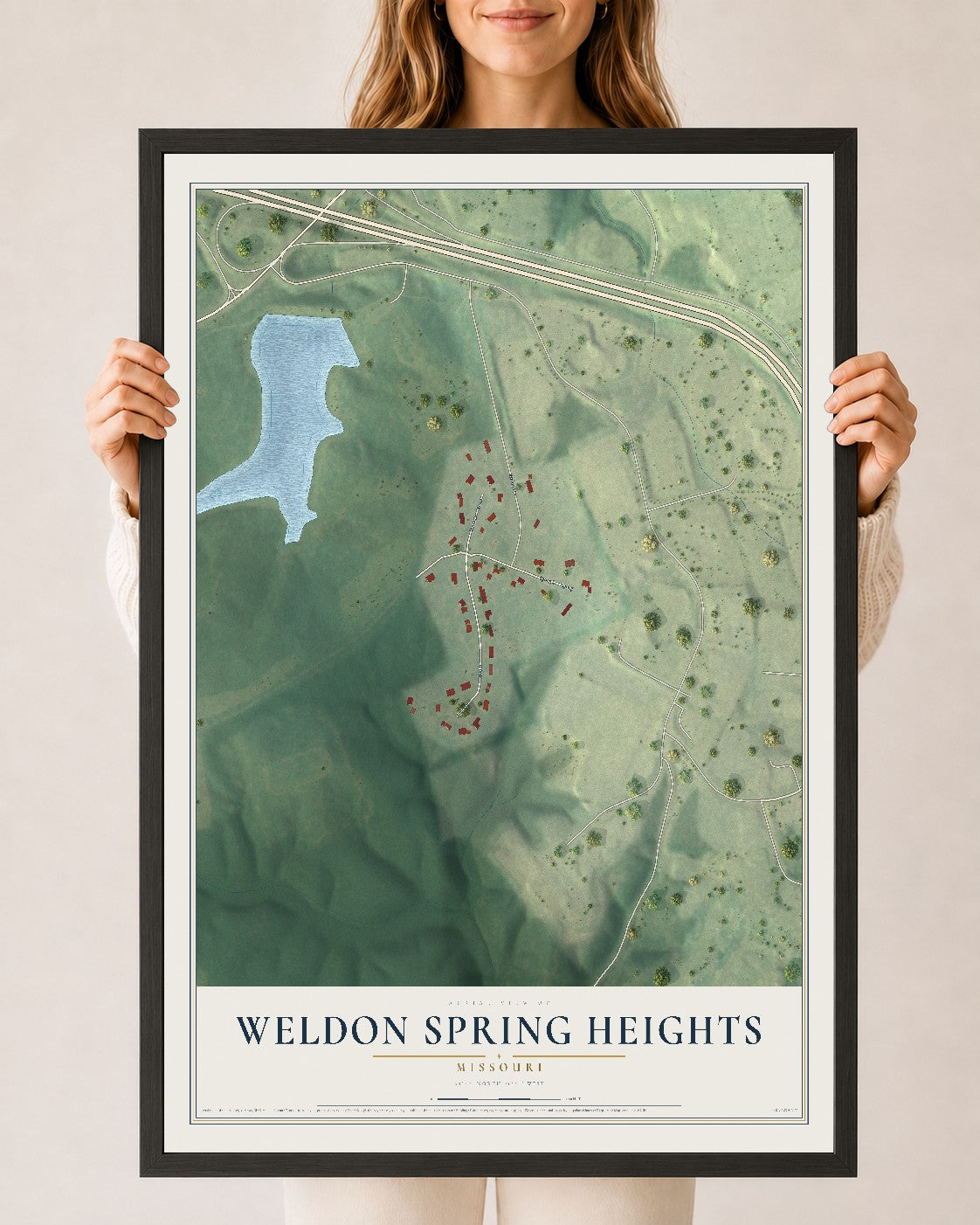 Map of Weldon Spring Heights, Missouri, 24 x 36 inch print in a black wood frame
