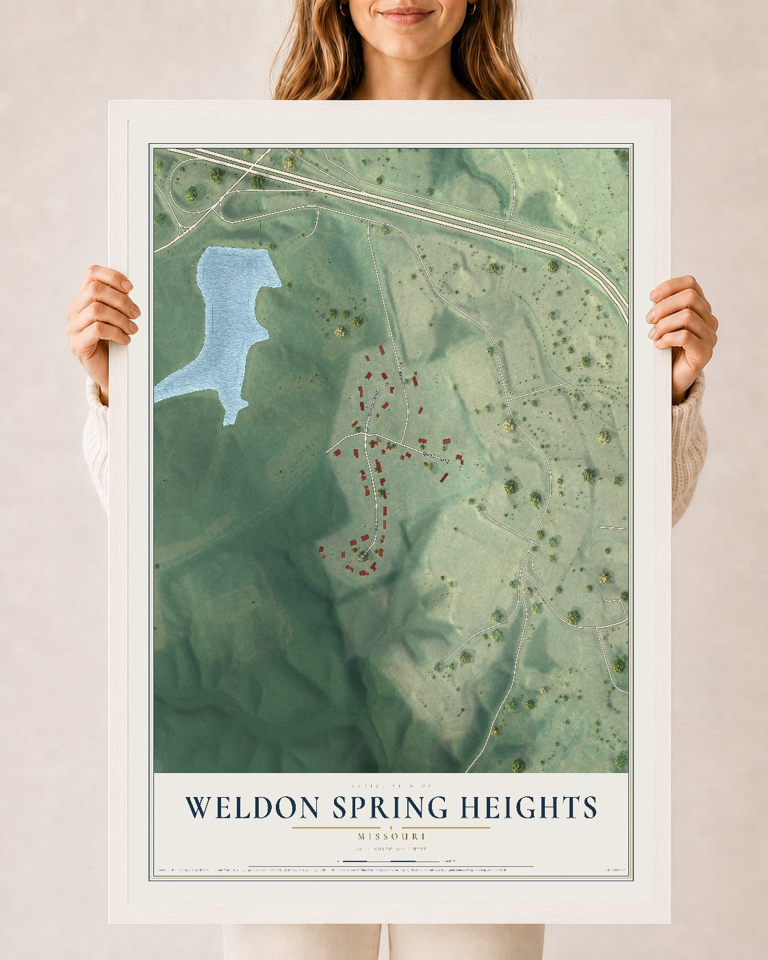 Map of Weldon Spring Heights, Missouri, 24 x 36 inch print in a white wood frame