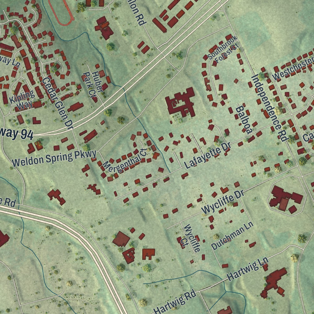 Second close-up of the map of Weldon Spring, Missouri print showing more streets and buildings