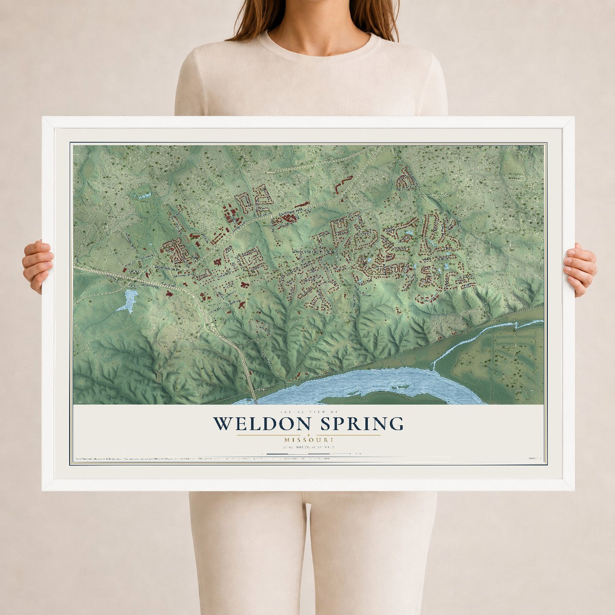 Map of Weldon Spring, Missouri, 24 x 36 inch print in a white wood frame
