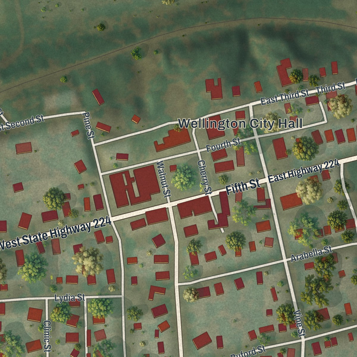 Close-up of the map of Wellington, Missouri print showing street and building detail