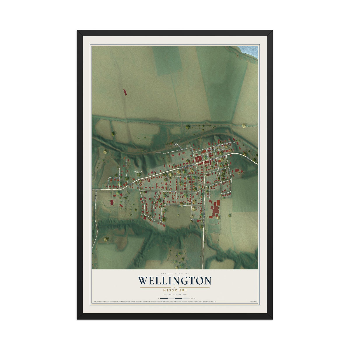 Map of Wellington, Missouri, 12 x 18 inch print in a black wood frame