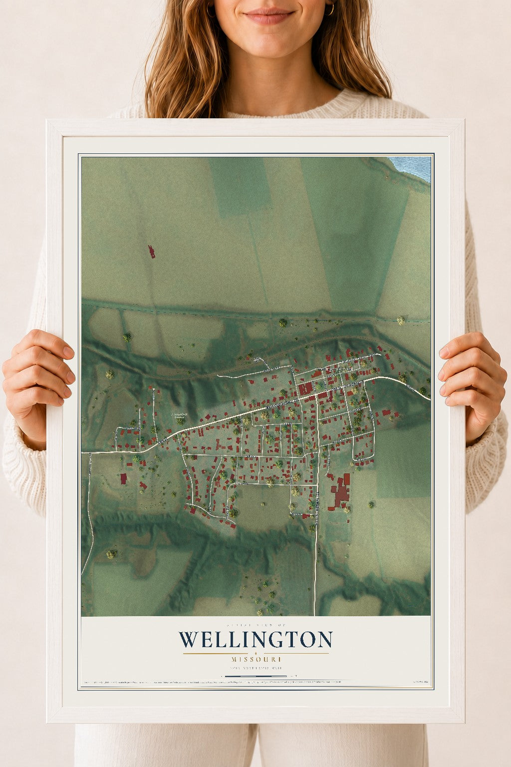 Map of Wellington, Missouri, 18 x 24 inch print in a white wood frame