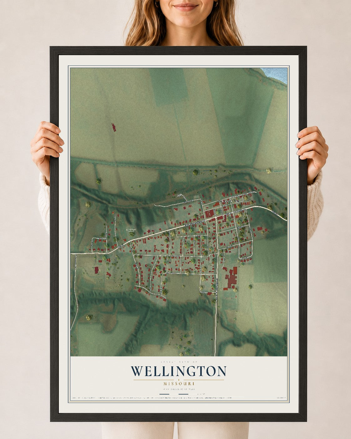 Map of Wellington, Missouri, 24 x 36 inch print in a black wood frame