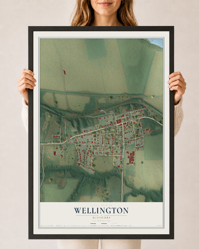 Map of Wellington, Missouri, 24 x 36 inch print in a black wood frame