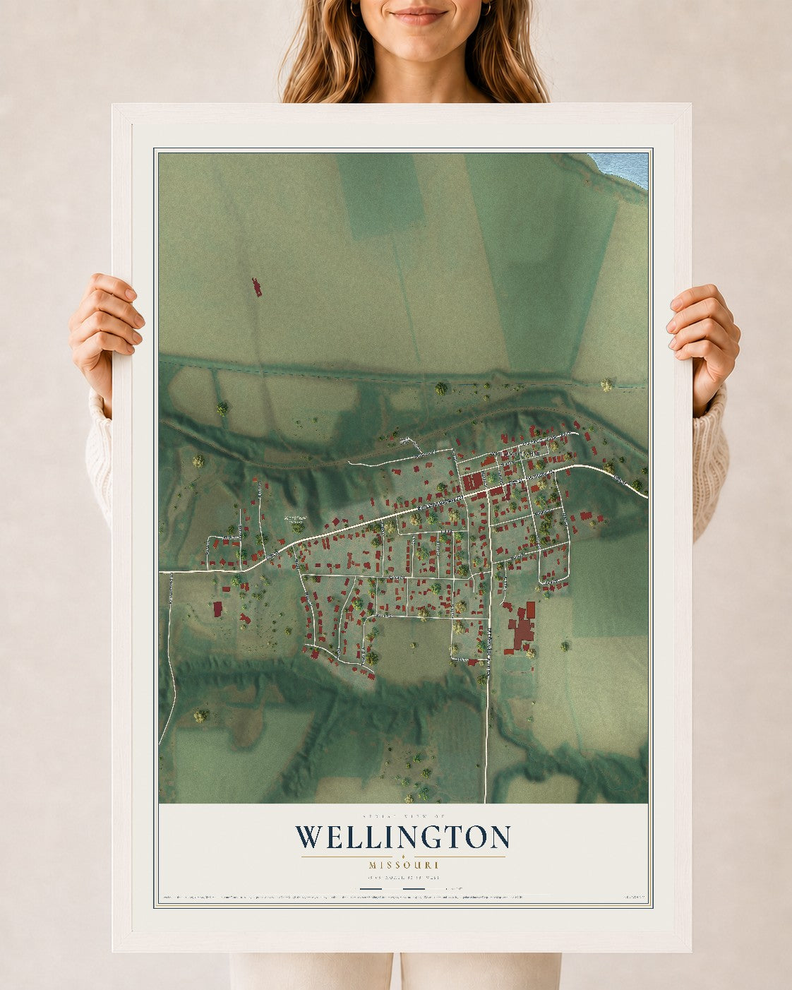 Map of Wellington, Missouri, 24 x 36 inch print in a white wood frame