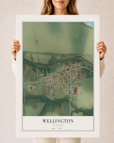 Map of Wellington, Missouri, 24 x 36 inch print in a white wood frame