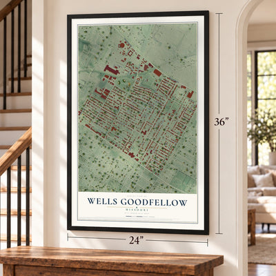 Wells Goodfellow, Missouri map, 24 x 36 inch print in a black frame by a staircase
