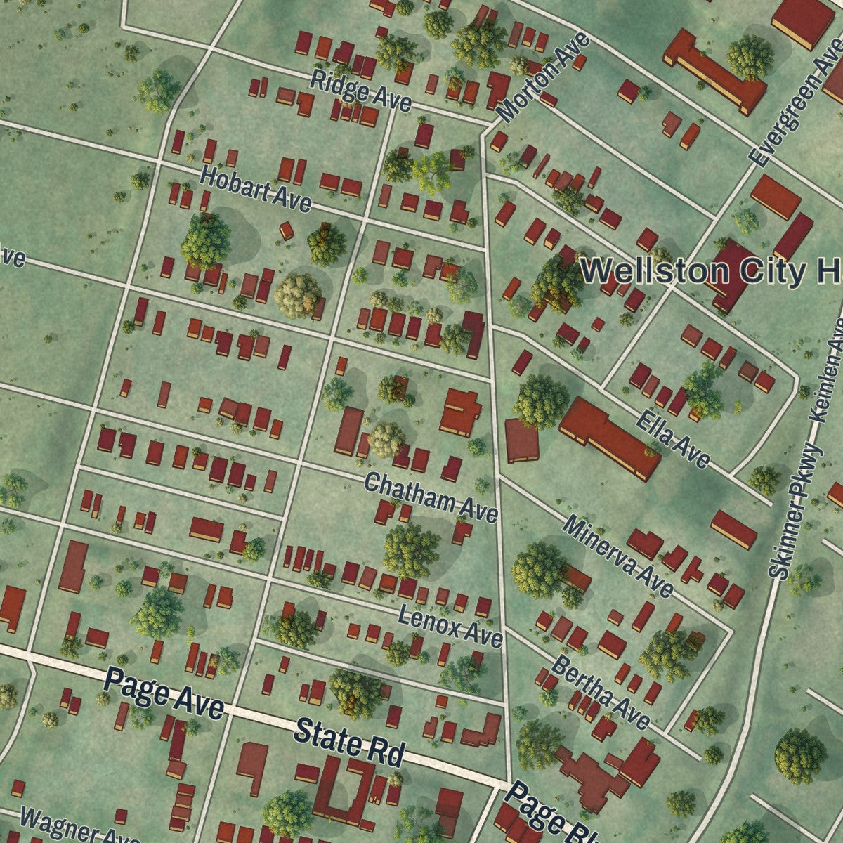 Close-up of the map of Wellston, Missouri print showing street and building detail