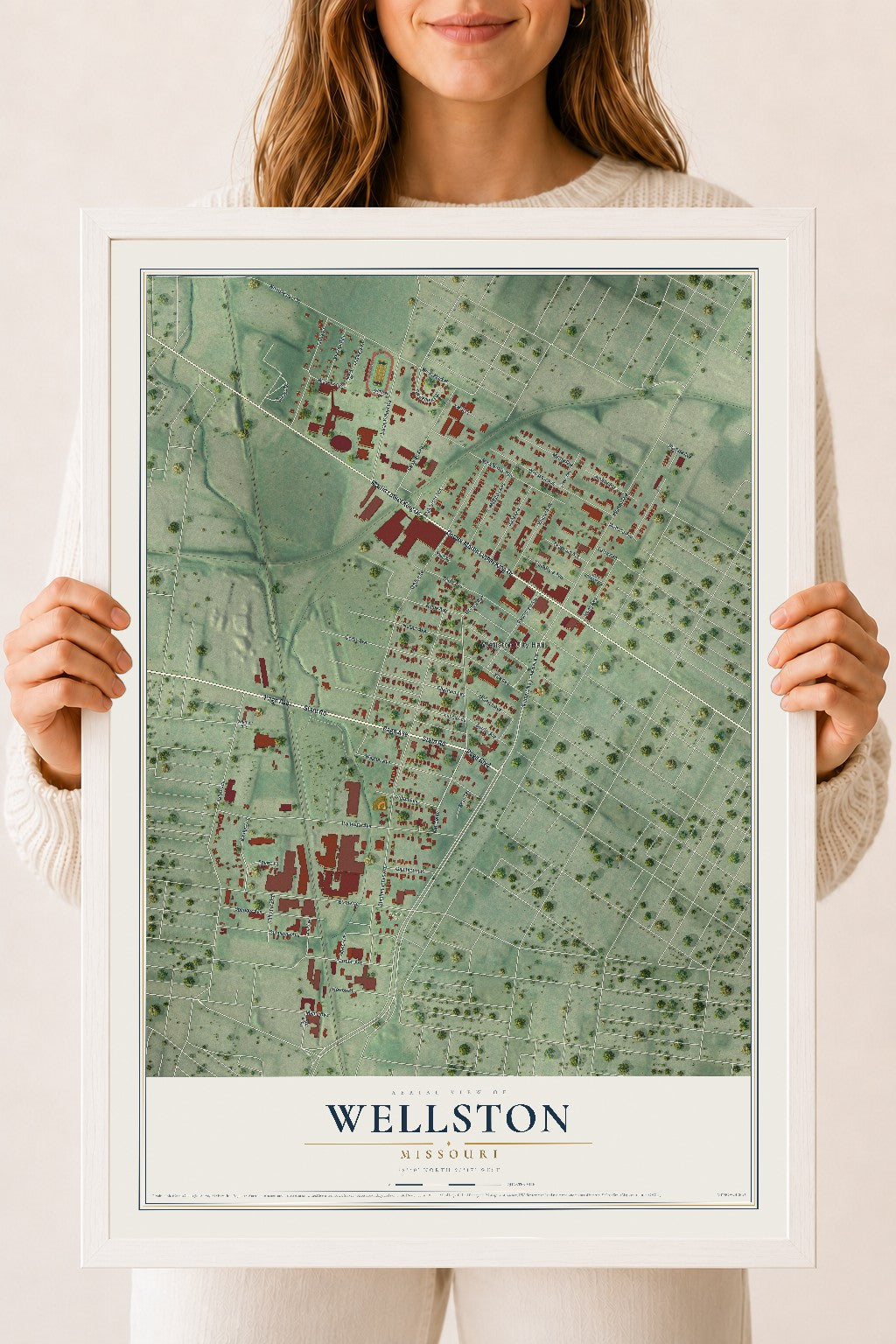 Map of Wellston, Missouri, 18 x 24 inch print in a white wood frame