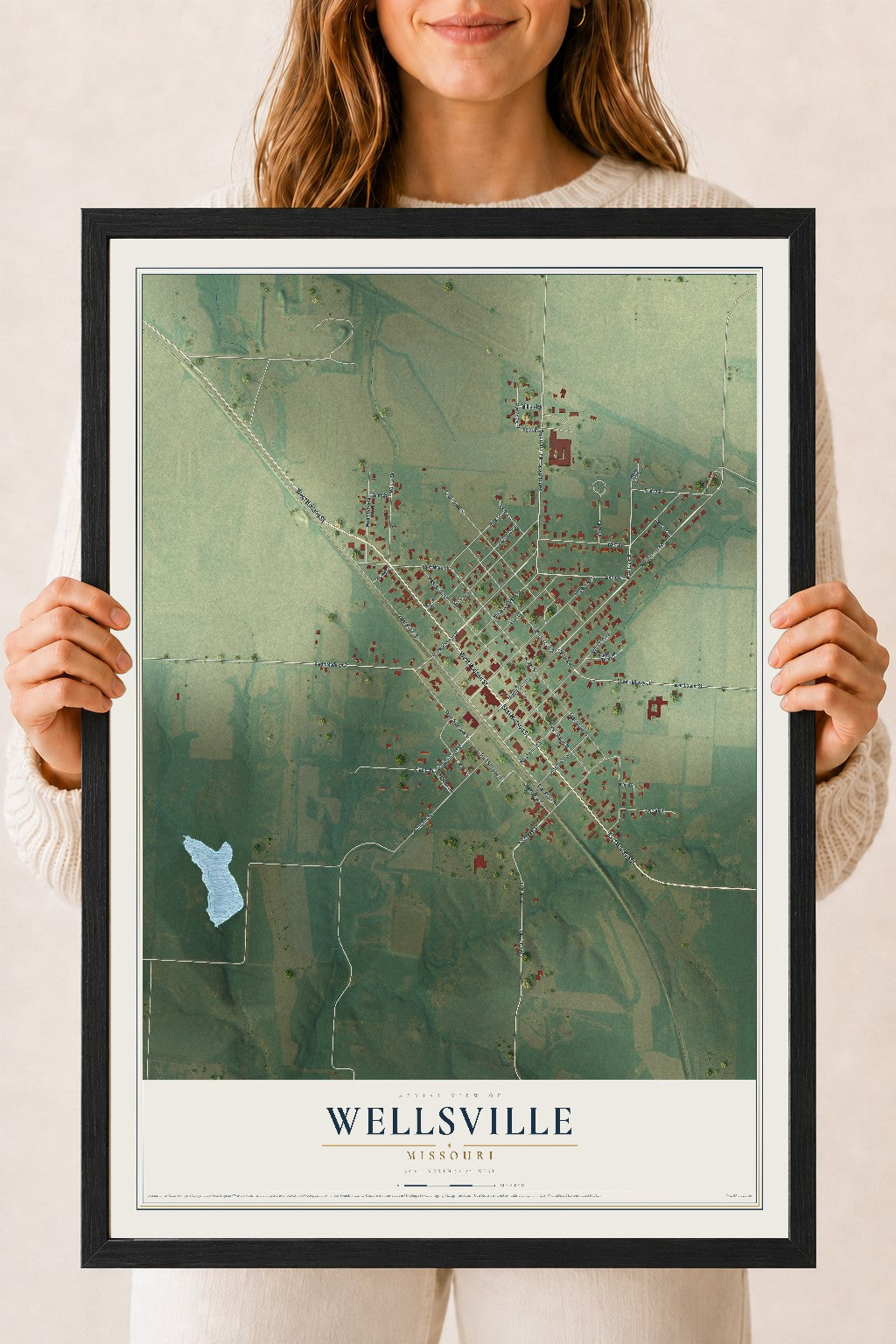 Map of Wellsville, Missouri, 18 x 24 inch print in a black wood frame