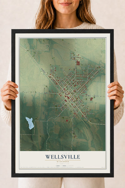 Map of Wellsville, Missouri, 18 x 24 inch print in a black wood frame