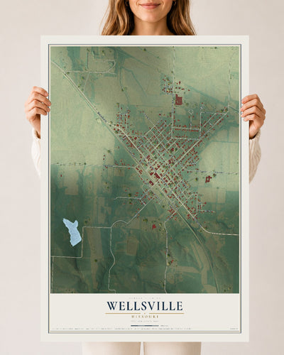Map of Wellsville, Missouri, 24 x 36 inch unframed archival matte print