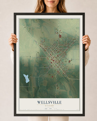 Map of Wellsville, Missouri, 24 x 36 inch print in a black wood frame