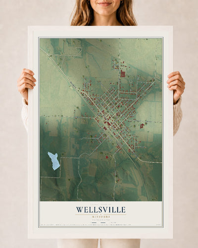 Map of Wellsville, Missouri, 24 x 36 inch print in a white wood frame