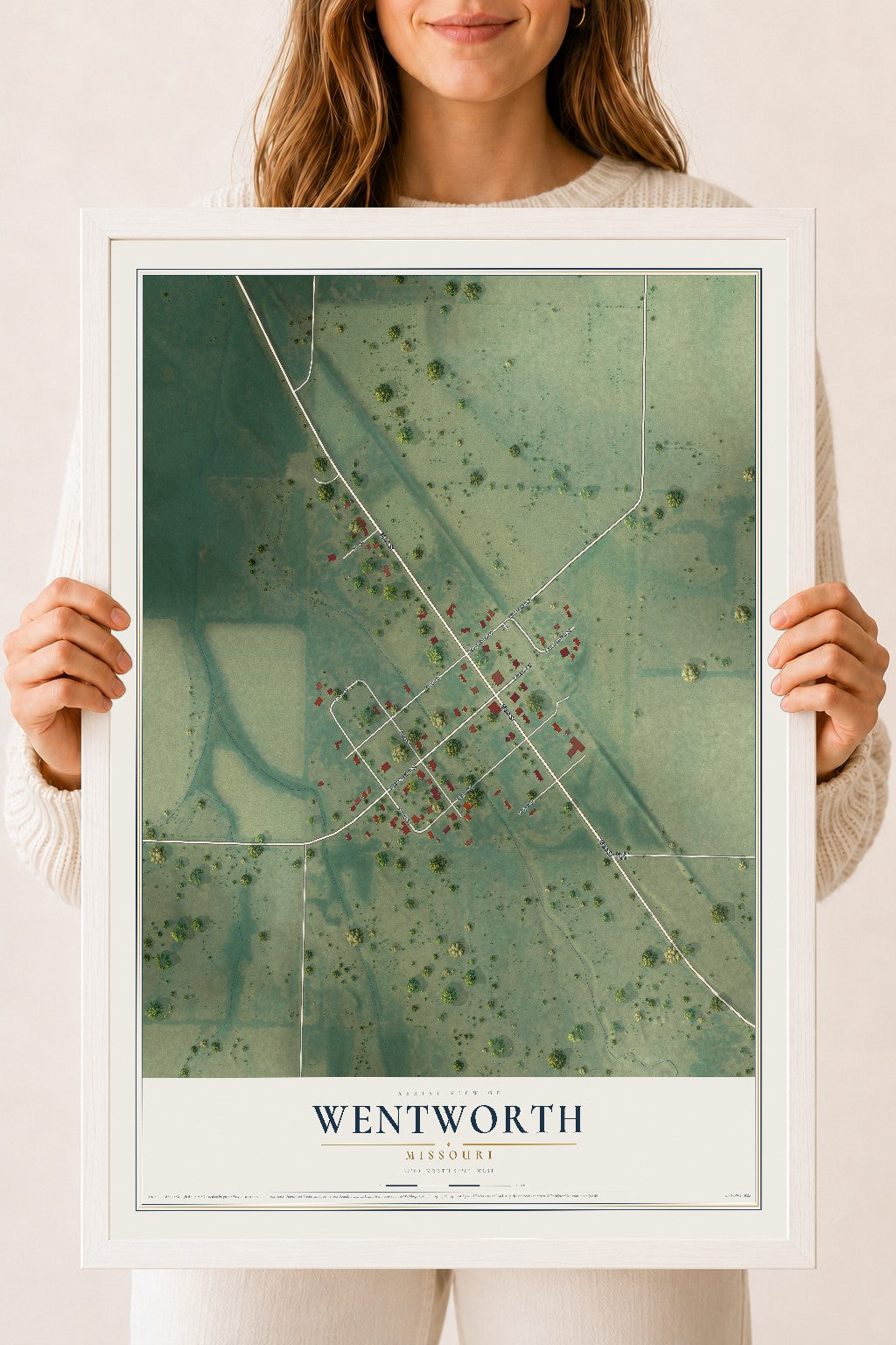 Map of Wentworth, Missouri, 18 x 24 inch print in a white wood frame