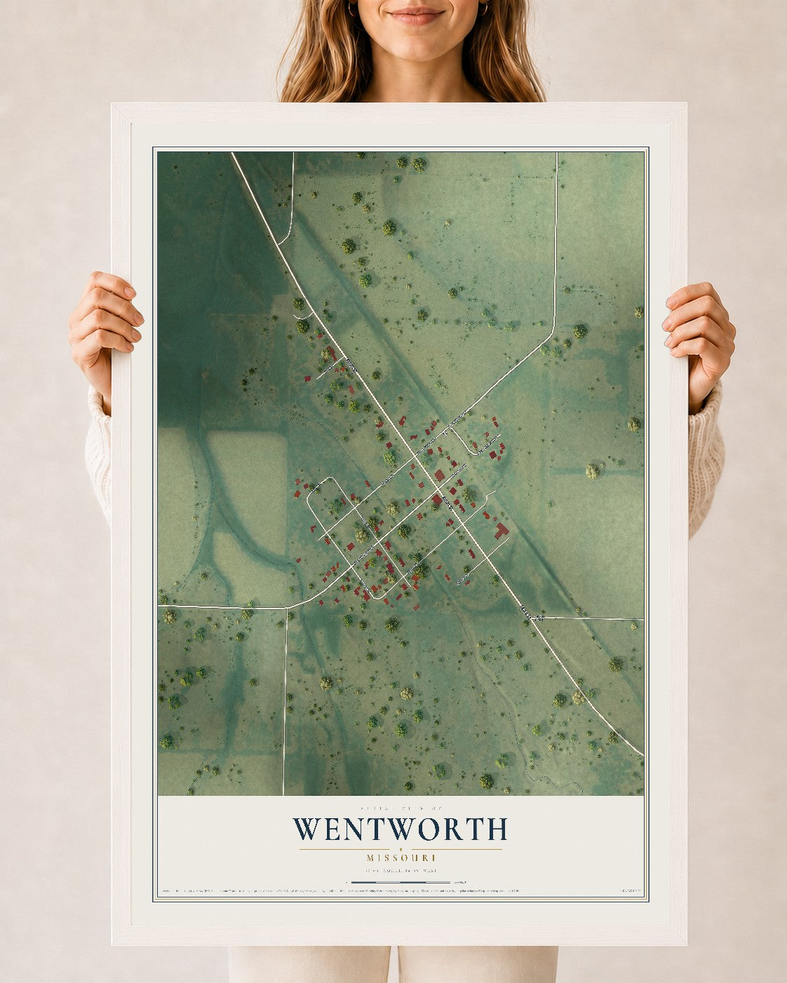 Map of Wentworth, Missouri, 24 x 36 inch print in a white wood frame
