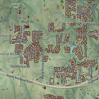 Second close-up of the map of Wentzville, Missouri print showing more streets and buildings