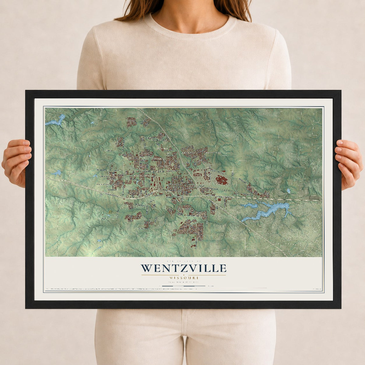 Map of Wentzville, Missouri, 12 x 18 inch print in a black wood frame