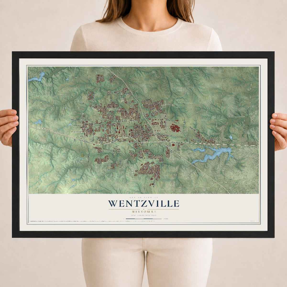 Map of Wentzville, Missouri, 18 x 24 inch print in a black wood frame
