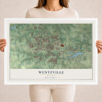 Map of Wentzville, Missouri, 18 x 24 inch print in a white wood frame