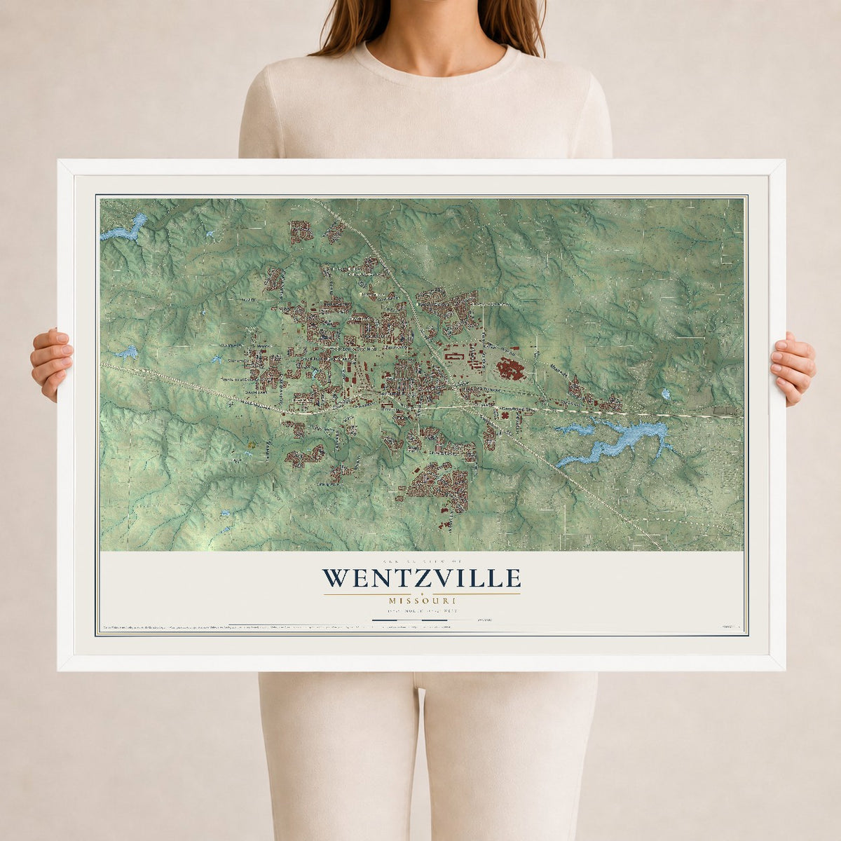 Map of Wentzville, Missouri, 24 x 36 inch print in a white wood frame