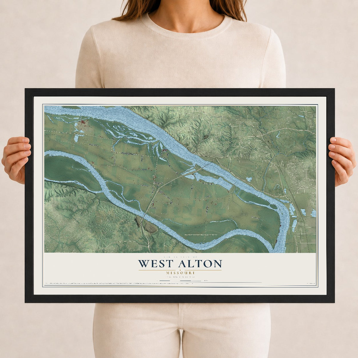 Map of West Alton, Missouri, 12 x 18 inch print in a black wood frame