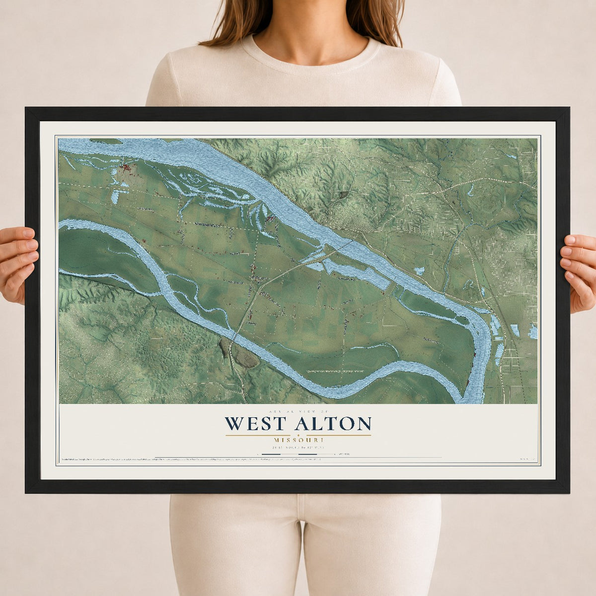 Map of West Alton, Missouri, 18 x 24 inch print in a black wood frame