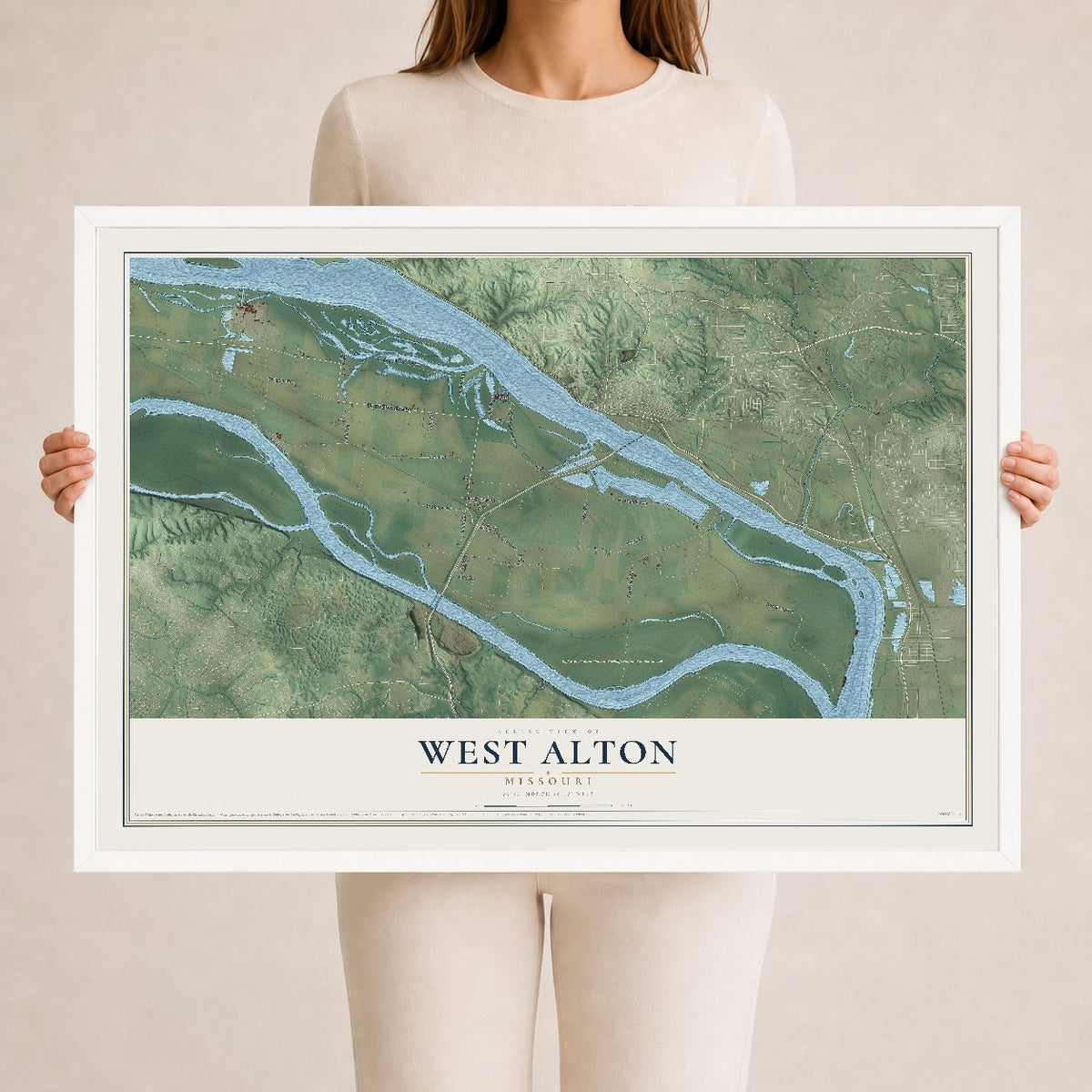 Map of West Alton, Missouri, 24 x 36 inch print in a white wood frame