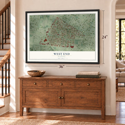 West End, Missouri map, 24 x 36 inch print in a black frame above a dresser by a staircase
