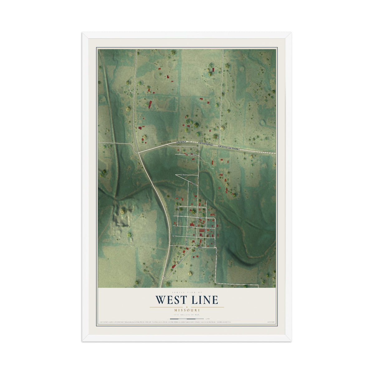 Map of West Line, Missouri, 12 x 18 inch print in a white wood frame